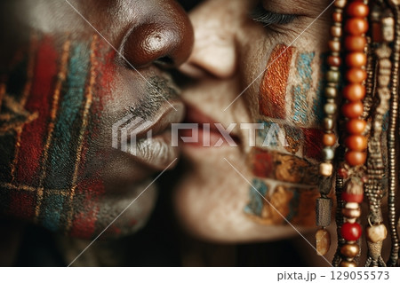 Detailed close-up of colorful face paint and ethnic jewelry beads. 129055573