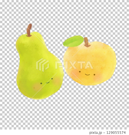 水彩で描いた洋梨と和梨のイラスト 顔あり 水彩で描いた洋梨と和梨のイラスト 顔あり 129055574