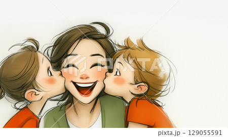 A heartwarming illustration of two children lovingly kissing an adult. The scene captures innocence 129055591