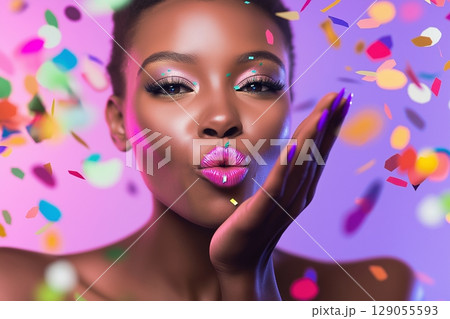 Vibrant celebration scene with colorful confetti swirling in the air, capturing a dynamic 129055593