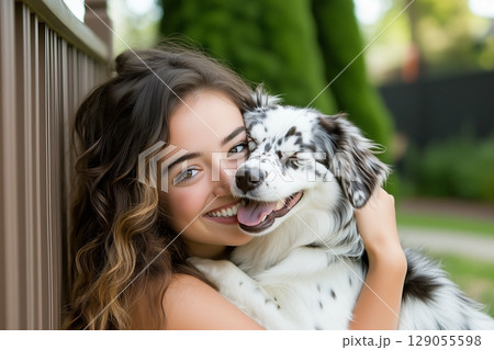 A joyful moment capturing the bond between a pet owner and their fluffy, cheerful dog. 129055598