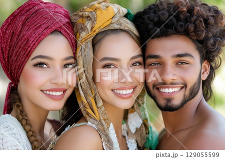 A vibrant depiction of cultural diversity, featuring colorful headwraps and intricate hairstyles 129055599