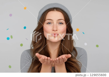 A stylish individual extends their hands forward in a charming gesture 129055600