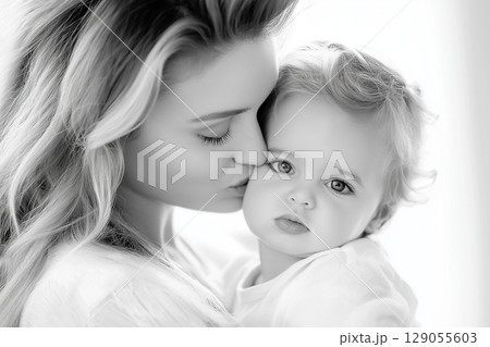 A black and white image capturing a tender embrace between a woman 129055603