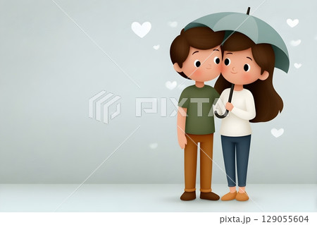 A charming illustration of a couple under an umbrella, surrounded by hearts. 129055604