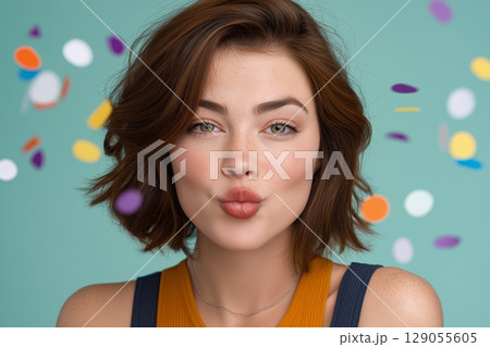 A stylish image showcasing a woman with her short hair beautifully styled 129055605