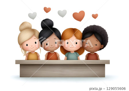A delightful illustration of three children sitting on a wooden bench, surrounded by floating hearts 129055606