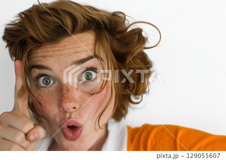 Stylish scene highlighting a person with vibrant tousled hair adorned in bright orange clothing 129055607