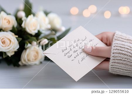 A cozy scene featuring a hand holding a handwritten letter with elegant script 129055610