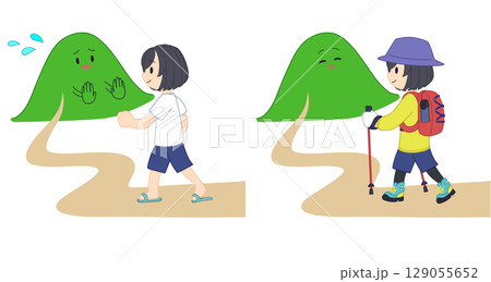 軽装で登山する人と登山の準備をしてのぼる人 129055652