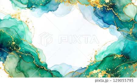 高級感のある薄くて淡いアルコールインクアート グリーン 余白 16:9サイズ AI生成素材 129055795