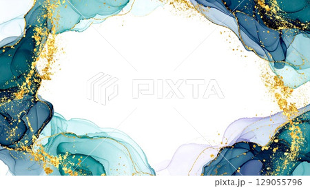 高級感のある薄くて淡いアルコールインクアート グリーン 余白 16:9サイズ AI生成素材 129055796