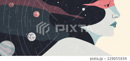 Woman head and outer space with planets, banner of astrology, astronomy, concept of inner world, research and modern science. Flat vector illustration. 129055839