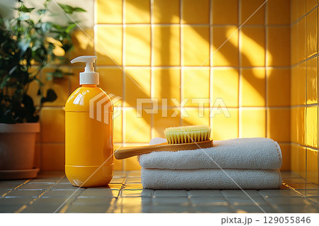 Eco friendly trends. Brush next to a detergent bottle on a light background. Commercial use. Eco friendly trends. Brush next to a detergent bottle on a light background. Commercial use. 129055846