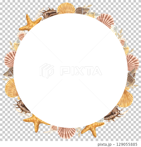 Seashells wreath. Hand drawn watercolor illustration of sea conch and starfish on isolated background. Nautical circle frame. Underwater border for icon or logo in marine style with cockleshells. 129055885