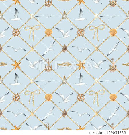 Marine seamless pattern with a seagulls in various poses, steering wheel, rope bow, shells, anchor on a blue background. Hand drawn watercolor illustration in nautical style for fabric, wallpaper. 129055886