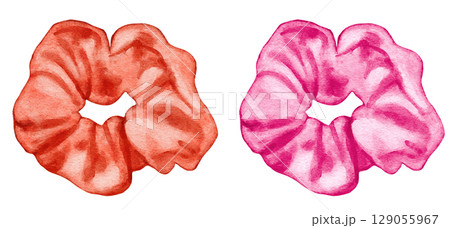 Hand drawn drawing illustration of scrunchie, hairstyling fashio hair accessory. Fashion scruncies stylish elastic silk textile decoration, watercolor modern art, fabric scrunchy band. 129055967
