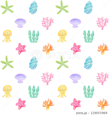 カラフルな海の生き物の背景素材　白色 129055969