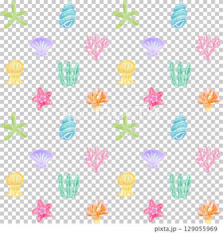 カラフルな海の生き物の背景素材　白色 129055969