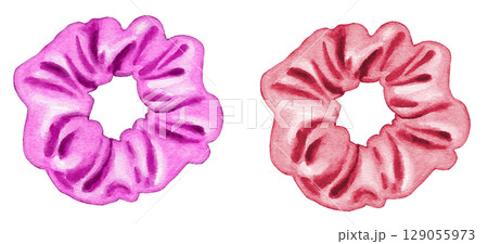 Hand drawn drawing illustration of scrunchie, hairstyling fashio hair accessory. Fashion scruncies stylish elastic silk textile decoration, watercolor modern art, fabric scrunchy band. Hand drawn drawing illustration of scrunchie, hairstyling fashio hair accessory. Fashion scruncies stylish elastic silk textile decoration, watercolor modern art, fabric scrunchy band. 129055973