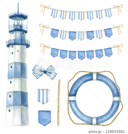 Lighthouse, lifebuoy, bunting garland and bow in blue and brown colors. Hand drawn watercolor illustration of marine themes attributes on isolated background. Nautical concept for posters or cards. 129055982