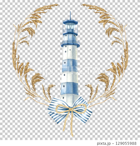 Semicircular frame of dried reeds with blue striped bow and lighthouse in the center. Hand drawn watercolor illustration of dry wildflower and beacon on isolated background. Nautical design for icon. 129055988