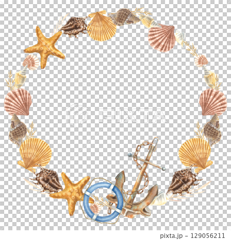 Wreath with whimsical seashells, starfish, lifebuoy and rusty anchor. Hand drawn watercolor illustration of round frame with marine elements on isolated background. Design for cards or posters. Wreath with whimsical seashells, starfish, lifebuoy and rusty anchor. Hand drawn watercolor illustration of round frame with marine elements on isolated background. Design for cards or posters. 129056211