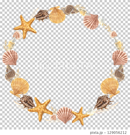 Seashells wreath. Hand drawn watercolor illustration of sea conch and starfish on isolated background. Nautical circle frame. Underwater border for icon or logo in marine style with cockleshells. Seashells wreath. Hand drawn watercolor illustration of sea conch and starfish on isolated background. Nautical circle frame. Underwater border for icon or logo in marine style with cockleshells. 129056212