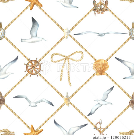 Marine seamless pattern with a seagulls in various poses, steering wheel, rope bow, shells, anchor, on a white background. Hand drawn watercolor illustration in nautical style for fabric, wallpaper. Marine seamless pattern with a seagulls in various poses, steering wheel, rope bow, shells, anchor, on a white background. Hand drawn watercolor illustration in nautical style for fabric, wallpaper. 129056215