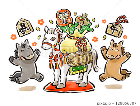 干支の午の置き物から出てくる宝物に喜ぶゆるキャラの馬(午)たちの手描きイラスト 干支の午の置き物から出てくる宝物に喜ぶゆるキャラの馬(午)たちの手描きイラスト 129056307