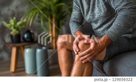 A man holds his knee with his hands, experiencing pain or discomfort. The man is wearing a T-shirt and shorts and is sitting on a couch in a home environment.	 129056322