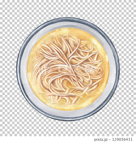 Fresh homemade soup with noodles in bowl watercolor illustration isolated on white background. Chicken vegetable yellow broth with pasta. Traditional Japanese miso soup. For menu design, food blog 129056431