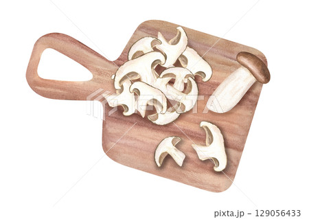 Fresh sliced eringi or shiitake mushrooms on wooden board watercolor illustration isolated on white background. Cooking Korean, Japanese or Chinese style mushroom dishes. Vegan food, organic product Fresh sliced eringi or shiitake mushrooms on wooden board watercolor illustration isolated on white background. Cooking Korean, Japanese or Chinese style mushroom dishes. Vegan food, organic product 129056433