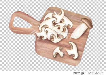 Fresh sliced eringi or shiitake mushrooms on wooden board watercolor illustration isolated on white background. Cooking Korean, Japanese or Chinese style mushroom dishes. Vegan food, organic product Fresh sliced eringi or shiitake mushrooms on wooden board watercolor illustration isolated on white background. Cooking Korean, Japanese or Chinese style mushroom dishes. Vegan food, organic product 129056433