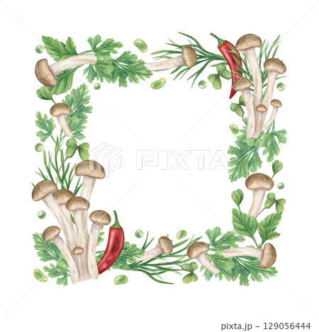 Fresh healthy ingredients for Asian cuisine watercolor illustration isolated background. Shimeji mushrooms, red chili, parsley, oregano, dill, and green peas square frame with empty space for text. 129056444