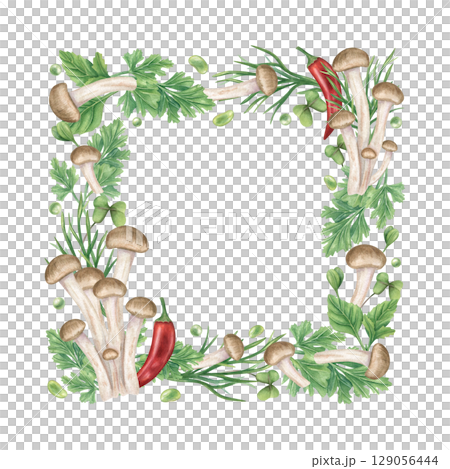 Fresh healthy ingredients for Asian cuisine watercolor illustration isolated background. Shimeji mushrooms, red chili, parsley, oregano, dill, and green peas square frame with empty space for text. 129056444