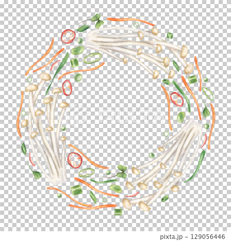 Fresh enoki mushrooms, red and green peppers, sliced herbs, carrots and daikon watercolor wreath isolated on white. Raw ingredients for Korean, Japanese, Chinese dishes. Empty space for text 129056446