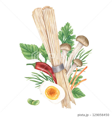 Ramen soup ingredients watercolor illustration isolated on white. Raw noodles, shimeji mushrooms, red chili, boiled egg, beans, carrot slices, parsley, dill and basil. For food blogs, recipe books 129056450