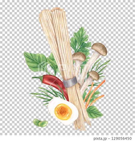Ramen soup ingredients watercolor illustration isolated on white. Raw noodles, shimeji mushrooms, red chili, boiled egg, beans, carrot slices, parsley, dill and basil. For food blogs, recipe books 129056450