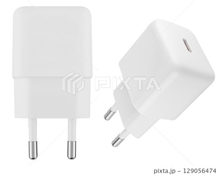 Compact power adapter, white, on white background in insulation 129056474