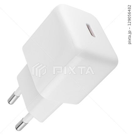Compact power adapter, white, on white background in insulation 129056482