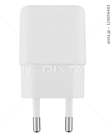 Compact power adapter, white, on white background in insulation Compact power adapter, white, on white background in insulation 129056483