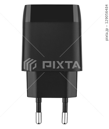 Classic white power adapter with USB port. on white background in insulation 129056484