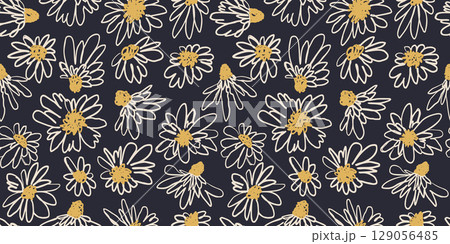 Seamless pattern with hand drawn black and white ditsy scribble flowers 129056485