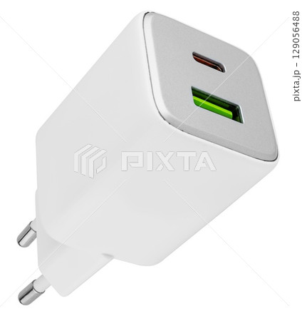 White power adapter for phone, shot isolated on white background. White power adapter for phone, shot isolated on white background. 129056488