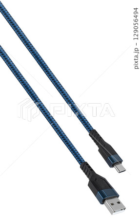 Close-up of cable with USB and Type-C connectors, On white background. Close-up of cable with USB and Type-C connectors, On white background. 129056494