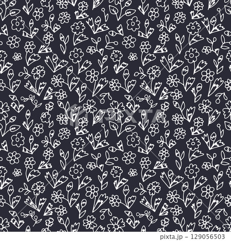 Monochrome black and white ditsy floral seamless pattern. Hand drawn vintage backdrop with tiny flowers. Cottagecore texture Monochrome black and white ditsy floral seamless pattern. Hand drawn vintage backdrop with tiny flowers. Cottagecore texture 129056503