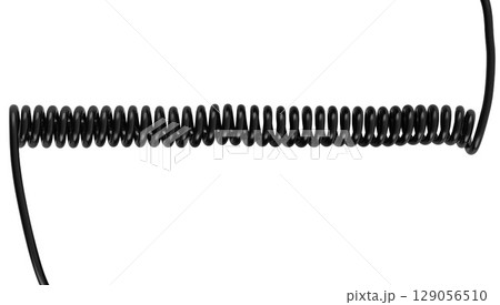 Flexible spiral wire with thick black insulation. on a white background Flexible spiral wire with thick black insulation. on a white background 129056510
