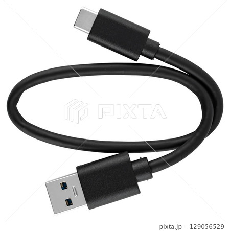 Quality cable with Type-C and USB connectors. On a white background in insulation 129056529