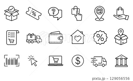 Online shopping icon set. E-commerce pictograms represent digital retail sales. Website app store logistics marketing promotion. Minimalist line art style transparent background Online shopping icon set. E-commerce pictograms represent digital retail sales. Website app store logistics marketing promotion. Minimalist line art style transparent background 129056556